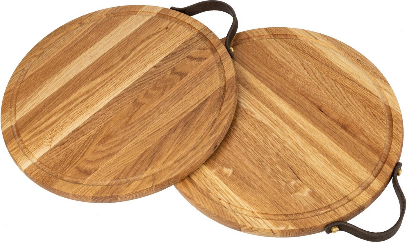 Holz Frank Schneidebrett Rundes Schneidebrett aus Eichenholz für Pizza, 35 cm mit Ledergriff, Holz, (1-St) von Holz Frank