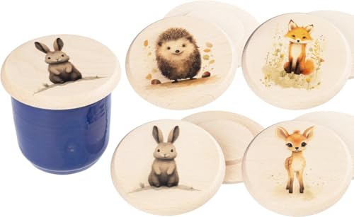 Holz Glasabdeckung 4er Set aus FSC® Buche für Kinder mit buntem Tiermotiven Hase - Igel - Fuchs und Reh von Holz Frank