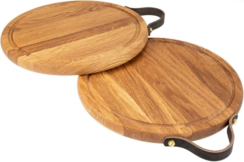 Rundes Schneidebrett aus Eichenholz für Pizza | 30 cm mit Ledergriff Rundes Schneidebrett aus Eichenholz für Pizza | 30 cm mit Ledergriff von Holz Frank