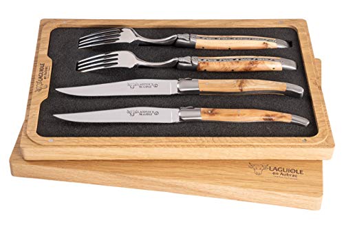 Laguiole en Aubrac 2er-Besteck Set Steakmesser und Gabel, geschmiedet aus Edelstahl, Griff aus Wacholder mit Echtheits-Zertifikat von Holz-Leute