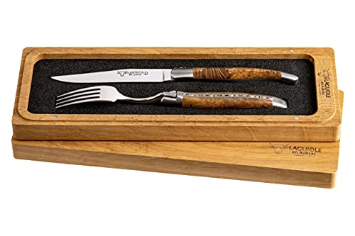 Laguiole en Aubrac Besteck Set Teak, 1x Steakmesser, 1x Steakgabel, Original aus Frankreich, inkl. Echtheitszertifikat und schöner Aufbewahrungsbox aus Eichenholz von Holz-Leute