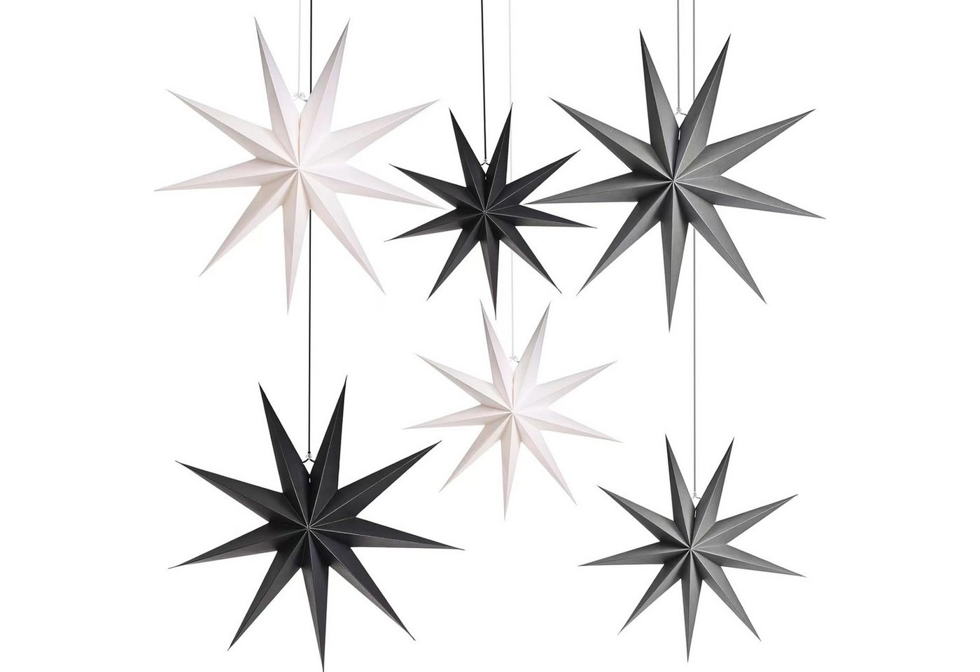 Holz Lichter Dekostern Papiersterne für Weihnachten 3×30 cm & 3×45 cm, Weiß, Grau & Schwarz, 6 St., faltbar, elegant, wiederverwendbar, einfacher Aufbau Holz Lichter Dekostern Papiersterne für Weihnachten 3×30 cm & 3×45 cm, Weiß, Grau & Schwarz, 6 St., faltbar, elegant, wiederverwendbar, einfacher Aufbau von Holz Lichter