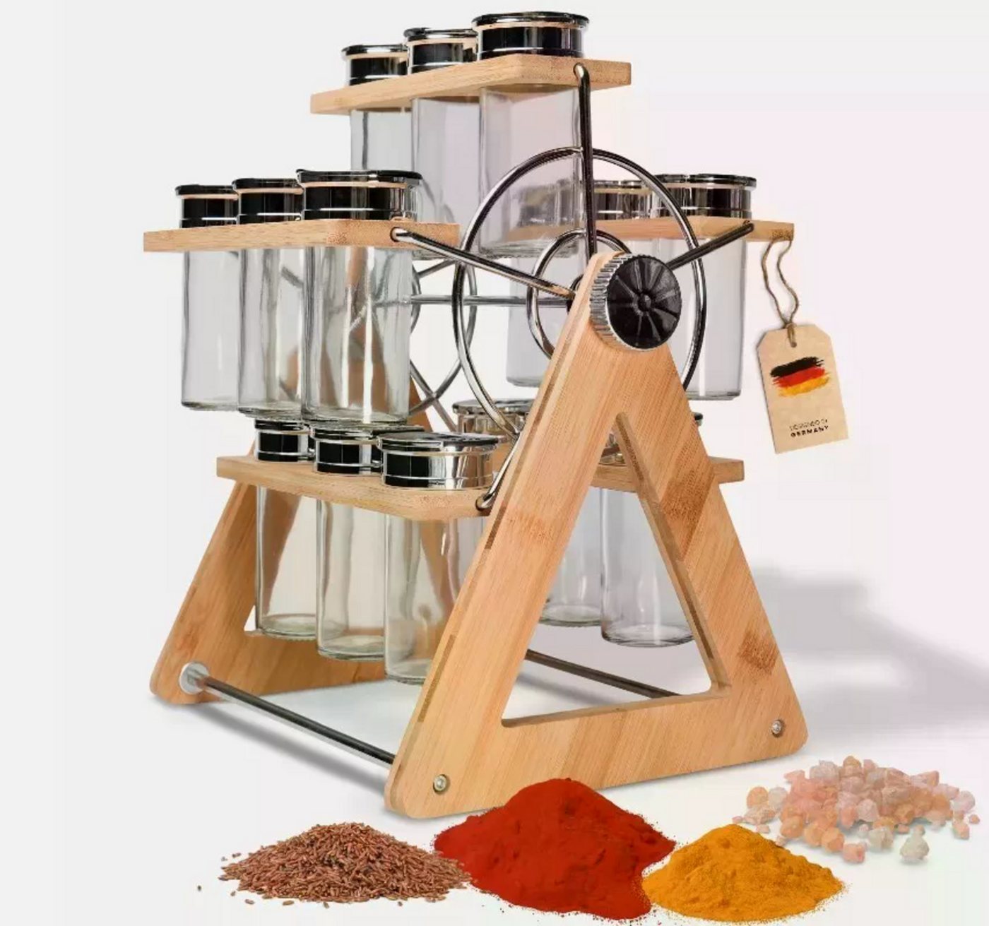 Holz Lichter Gewürzkarussell Gewürzkarusell aus Holz Drehbar mit 15 Gewürzgläser, Gewürzregal, (Gläser spülmaschinengeeignet, Holz feucht abwischbar), stilvolle Küchenaufbewahrung, platzsparend, stabil von Holz Lichter