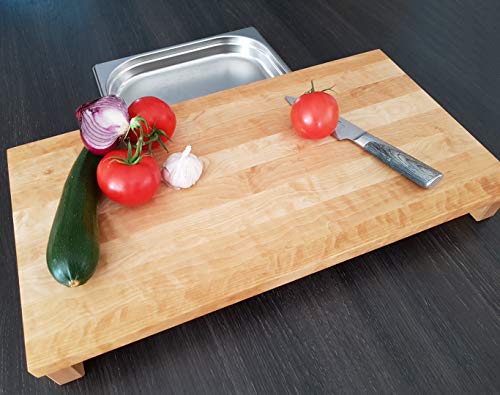 Brückenschneidbrett AHORN Massivholz mit Auffangschalen Servierbrett Käsebrett Edelstahlschale Schneidebrett Brotschneidebrett Sushibrett Küchenbrett (51,5 x 32,5cm mit 1x 1/2GN-Behälter) von Holz-Projekt-Summer