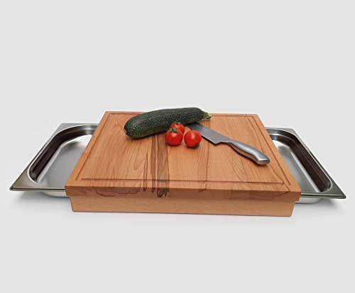 Holz-Schneidebrett KERNBUCHE mit Saftrille und 2 Auffangschalen seitlich ausziehbar Gr.44,7x37,1x7cm Holzbrett Käsebrett Brotschneidebrett Edelstahlschublade Küchenbrett Grillbrett Stollenbrett von Holz-Projekt-Summer