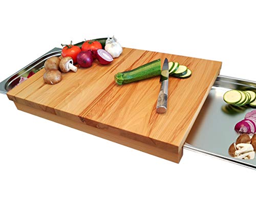 Schneidebrett KERNBUCHE Massivholz mit Edelstahlschubladen Holzbrett Grill-Schneidbrett Servierbrett Brett Käsebrett Brotschneidebrett (44,7x37cm mit je einem 1/3 und 1/2 GN-Behälter) von Holz-Projekt-Summer