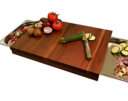 Schneidebrett NUSSBAUM Massivholz mit Edelstahlschubladen 53,7 x 37 x 7cm Holzbrett Servierbrett Küche Käsebrett Schneidebrett Brotschneidebrett Küchenbrett(53,7 x 37 x 7cm mit Zwei 1/2 GN-Behältern) von Holz-Projekt-Summer