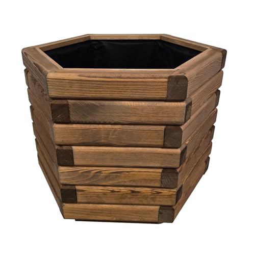 HolzGarden Pflanzkübel Holz 50x40x43 cm Imprägniert Farbe Teak Wetterfest Blumenkasten Blumentopf Groß Außen Balkon Garten Pflanzkasten Sechseck 57l Serie FORNEA von HolzGarden