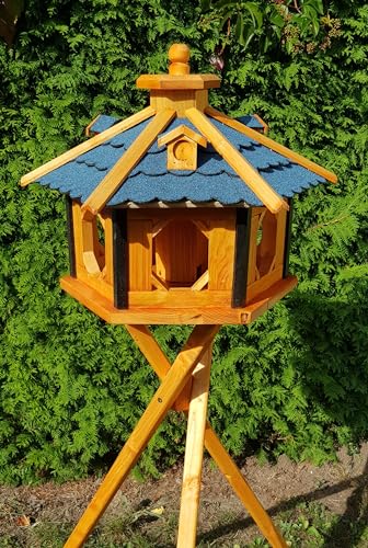Vogelhaus aus Holz wetterfest (XL mit Ständer, Blau) von Holzdekoladen