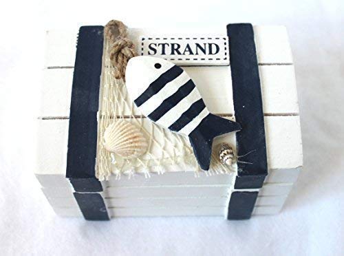 Holz-Truhe Strand blau-Weiss 11 x 7 x 7 cm Box mit Holzfisch Strand von Holzdekoration