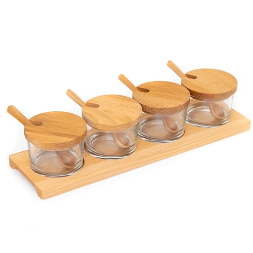 Holzfee Dip Gläser Konfitüren Marmeladen-Bar Gewürzbord Gewürzgläser Zuckerdose Holz Buche mit 4 x Glas 150 ml + Deckel +Löffel von Holzfee