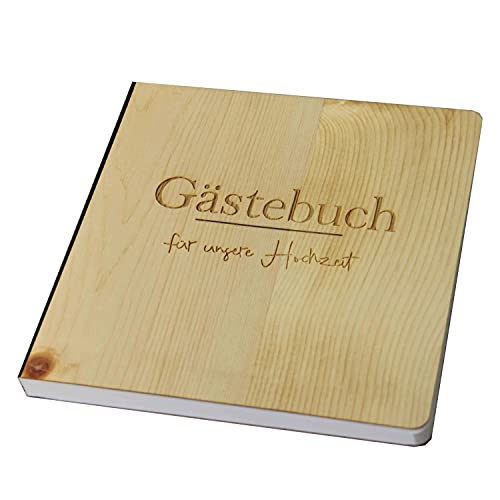 Holz Gästebuch mit eingraviertem Schriftzug "Gästebuch für unsere Hochzeit", Fotoalbum und Stammbuch für die Hochzeit, bestehend aus Echtholz, Zirbenholzcover von Holzgrusskarten.at