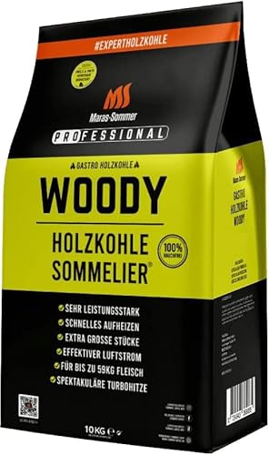 Holzkohle Sommelier® Woody 10kg, Rauchfreie Holzkohle, Feinstaub reduziert nach PM10 & PM2,5! Premium Holzkohle + Nachhaltige Holzkohle. Staubfrei verpackt mit nur großen Stücken. von Holzkohle Sommelier