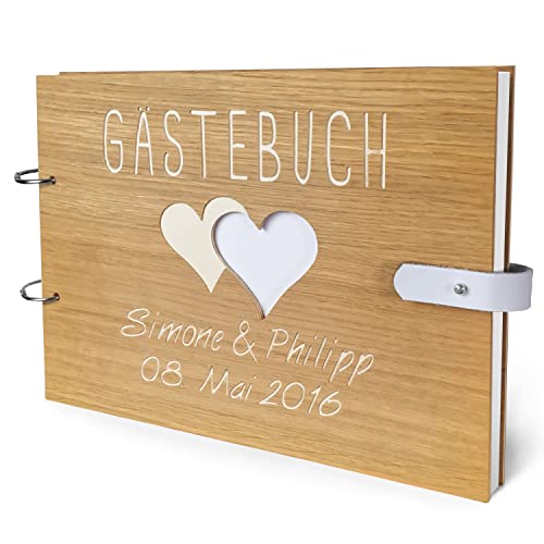 Gästebuch zur Hochzeit aus Holz - Eiche | individuelle Gravur | DIN A4-110 Seiten - 310 x 230 mm | handgearbeitet mit Lederverschluss von Holznager