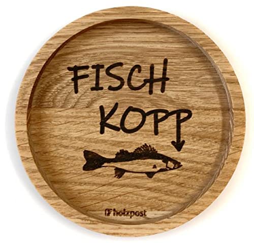 Holzpost - BD253 - Untersetzer aus Eiche - graviert und geölt - d=11,2cm, Fischkopp, Innendurchmesser 10cm, Höhe 1,8cm von Holzpost