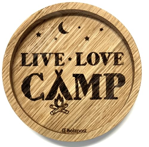 Holzpost - BD850 - Untersetzer aus Eiche - graviert und geölt - d=11,2cm, Live Love Camp, Innendurchmesser 10cm, Höhe 1,8cm von Holzpost