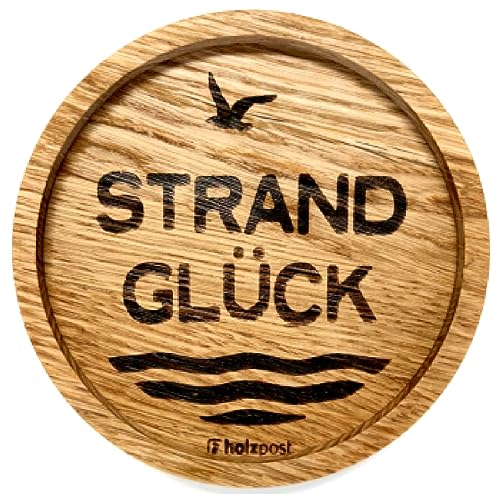 Holzpost - BD853 - Untersetzer aus Eiche - graviert und geölt - d=11,2cm, Strandglück, Innendurchmesser 10cm, Höhe 1,8cm von Holzpost