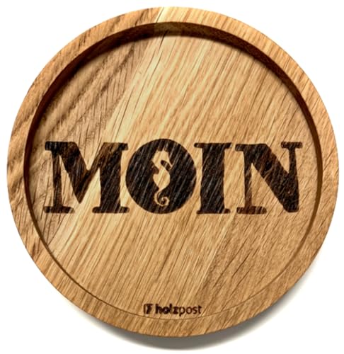 Holzpost - BD874 - Untersetzer aus Eiche - graviert und geölt - d=11,2cm, Moin, Seepferdchen, Innendurchmesser 10cm, Höhe 1,8cm von Holzpost