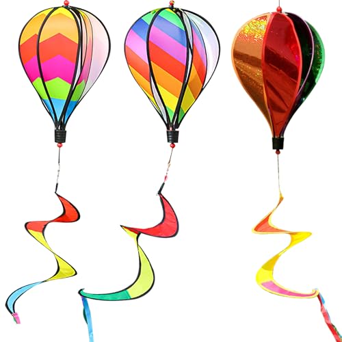Holzsammlung 3pcs 110cm Heißluftballon Wind Spinner Regenbogen Garten Pinwheels Wirbel Wind Spinner Windmühle Gestreifte Regenbogen Windsack Drehende Pailletten Twister Hängendes Yard Dekoration von Holzsammlung