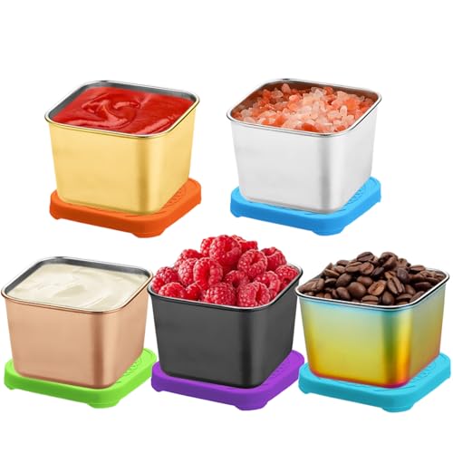 Holzsammlung 5 Stück Edelstahl Dressing Behälter, 200ml mini Dosen mit Deckel, Wiederverwendbare Saucenbehälter Salatdressing Behälter, Soßen Container Set für Dips, Gewürze, Salat und Kinder-Snacks von Holzsammlung