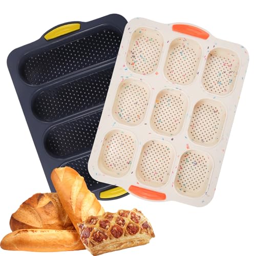 Holzsammlung Baguetteform aus Silikon, 2er-Pack Antihaftbeschichtetes Französisches Brotbackblech, 4 Gittern Baguetteblech, 9 Gittern Mini-Baguettebackblech, Haushalt Wiederverwendbare Kastenform von Holzsammlung