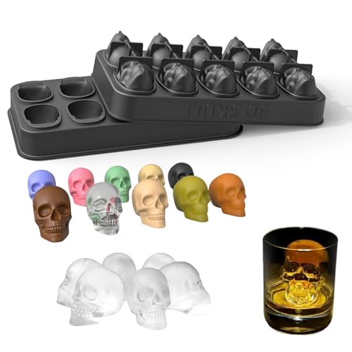 Holzsammlung Totenkopf Eiswürfelform Silikon 3D Schädel Formen, 10 Vivid Schädel Lebensmittelqualität Flexibel Silikon Totenkopf Deko Ice Cube Maker für Whiskey Cocktails von Holzsammlung