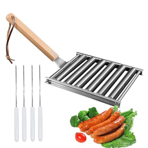 Holzsammlung Würstchenroller, 5 Rollen Wurstgrill, Hot Dog Roller Outdoor Camping Grill Grillzubehör, Edelstahl Würstchen Rollerständer mit Zusätzlichem Klappbarem Holzgriff und 4 Spießen, 18 x 24 cm von Holzsammlung