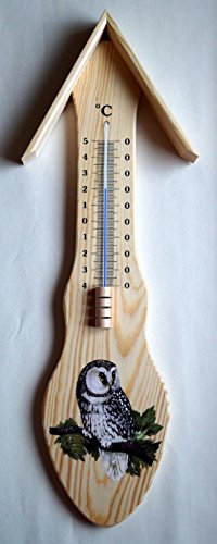 Thermometer Eule. Ein wunderschönes aus Nadelholz gefertigtes Thermometer für Innen und Außen. Die Höhe ist 50 cm. Temperaturanzeige von -40 bis +50 °C. von Holzschnitzerei Bley