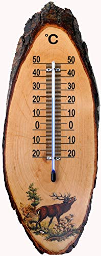 Thermometer Hirsch ca.34 cm. Außen- und Innenthermometer aus Erle mit Rinde. von Holzschnitzerei Bley