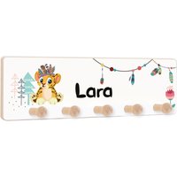 Kindergarderobe Mit 5 Haken, Kleiderhaken Als Geschenk Für Kinder, Garderobenleiste Personalisiert Name, Motiv Wild & Free Löwe von Holzura