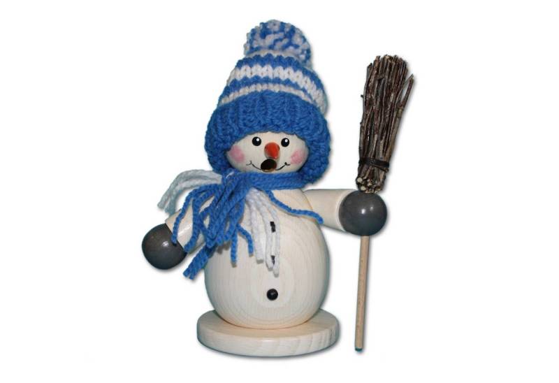 Holzwaren Egermann Räuchermännchen Schneemann mit Besen - 15cm, mit Blauer Winterkleidung - aus Holz - Made in Germany von Holzwaren Egermann