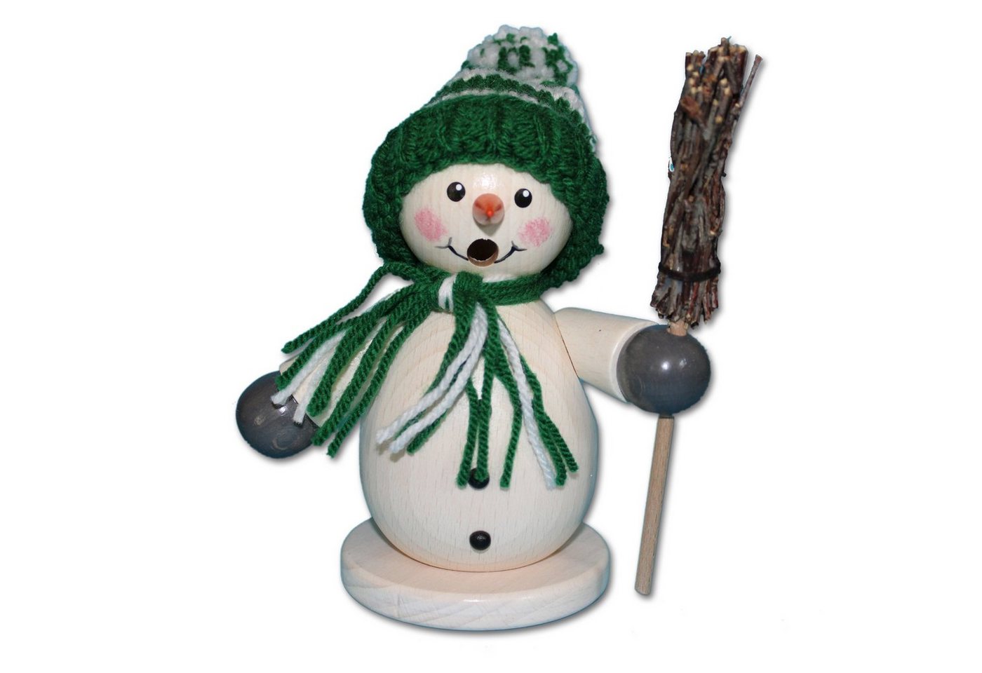 Holzwaren Egermann Räuchermännchen Schneemann mit Besen - 15cm -, mit Grüner Winterkleidung - aus Holz - Made in Germany von Holzwaren Egermann