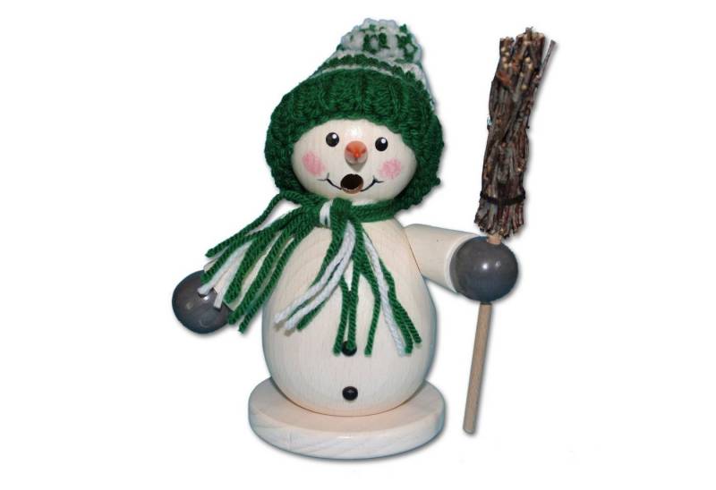 Holzwaren Egermann Räuchermännchen Schneemann mit Besen - 15cm, mit Grüner Winterkleidung - aus Holz - Made in Germany von Holzwaren Egermann