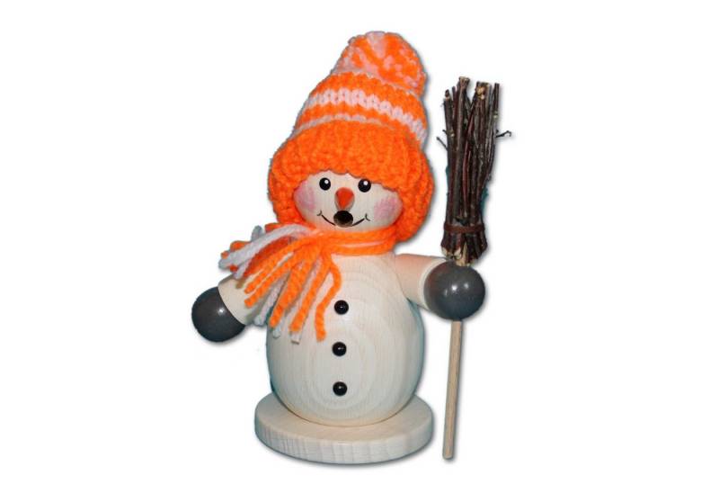Holzwaren Egermann Räuchermännchen Schneemann mit Besen - 15cm, mit Orangener Winterkleidung - aus Holz - Made in Germany von Holzwaren Egermann