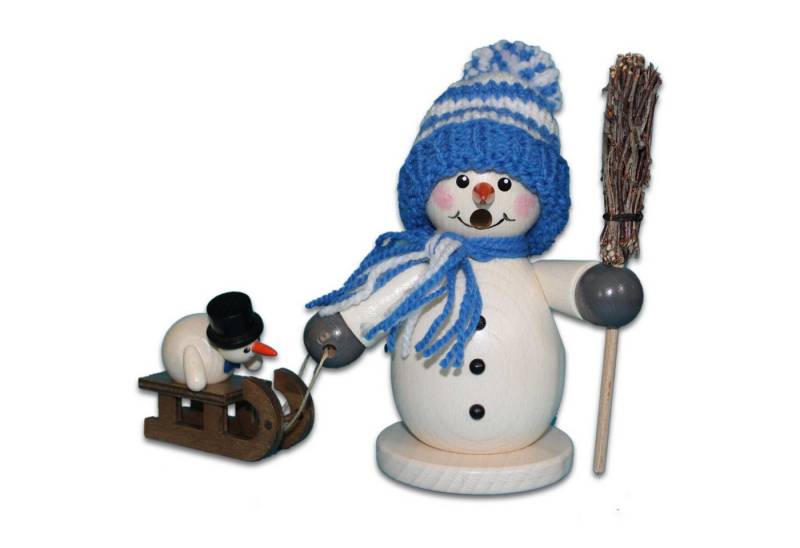 Holzwaren Egermann Räuchermännchen Schneemann mit Besen und Kind - 15cm, mit Blauer Winterkleidung - aus Holz - Made in Germany von Holzwaren Egermann