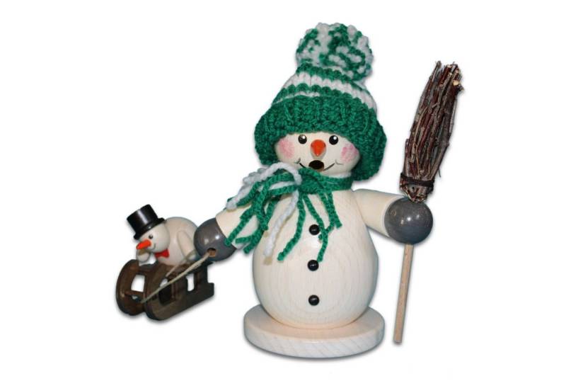 Holzwaren Egermann Räuchermännchen Schneemann mit Besen und Kind - 15cm, mit Grüner Winterkleidung - aus Holz - Made in Germany von Holzwaren Egermann