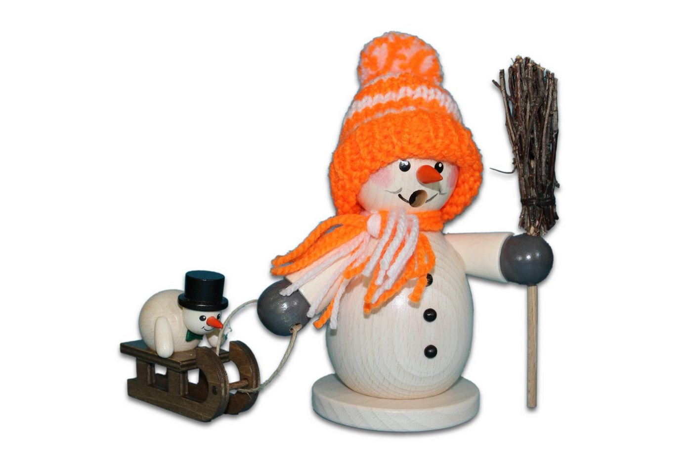 Holzwaren Egermann Räuchermännchen Schneemann mit Besen und Kind - 15cm -, mit Orangener Winterkleidung - aus Holz - Made in Germany von Holzwaren Egermann