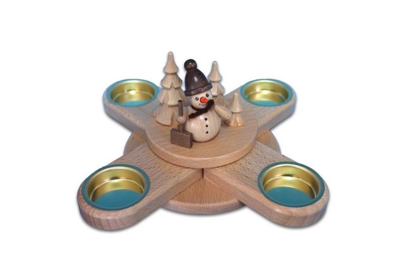 Holzwaren Egermann Teelichthalter Kreuzleuchter - 23cm, mit süßem Schneemann mit Schneeschieber aus Holz - Made in Germany von Holzwaren Egermann