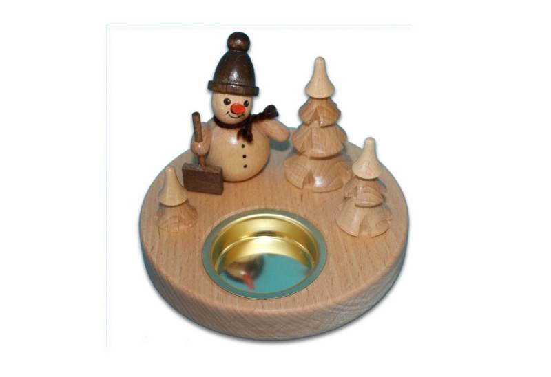 Holzwaren Egermann Teelichthalter Schneemannleuchter Natur - 11cm, mit süßem Schneemann mit Schneeschieber - Made in Germany von Holzwaren Egermann