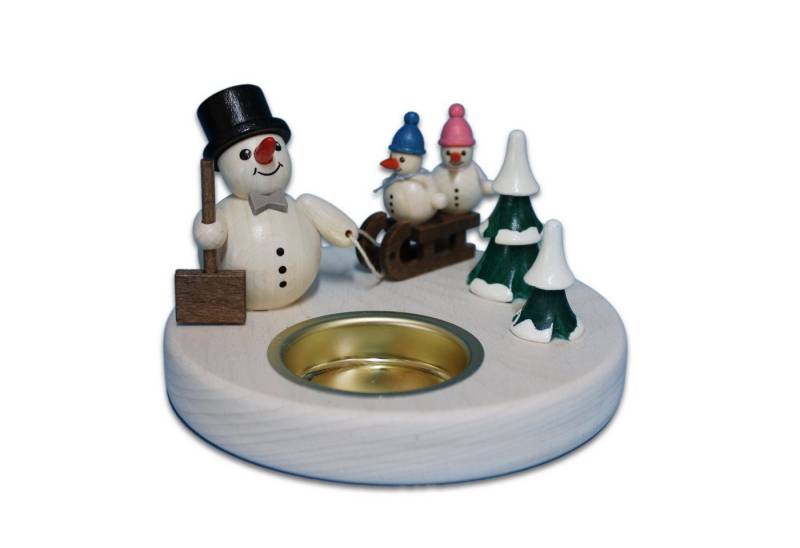 Holzwaren Egermann Teelichthalter Schneemannleuchter Schlitten - 11cm, mit süßem Schneemann mit 2 Kindern - Made in Germany von Holzwaren Egermann