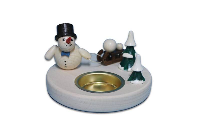 Holzwaren Egermann Teelichthalter Schneemannleuchter Schlitten - 11cm, mit süßem Schneemann mit Zylinder - Made in Germany von Holzwaren Egermann