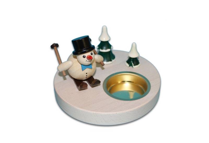 Holzwaren Egermann Teelichthalter Schneemannleuchter Ski - 11cm, mit süßem Schneemann mit Zylinder - Made in Germany von Holzwaren Egermann