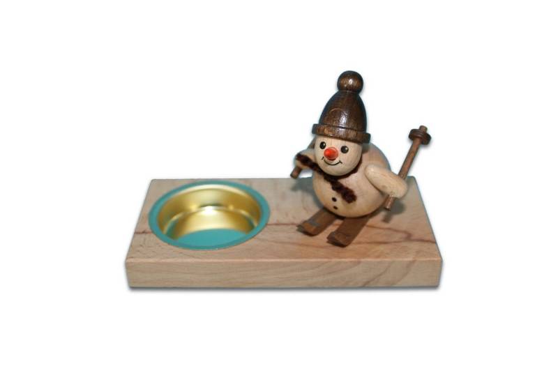 Holzwaren Egermann Teelichthalter Schneemannleuchter eckig - 11,5cm, mit süßem Schneemann mit Ski aus Holz - Made in Germany von Holzwaren Egermann