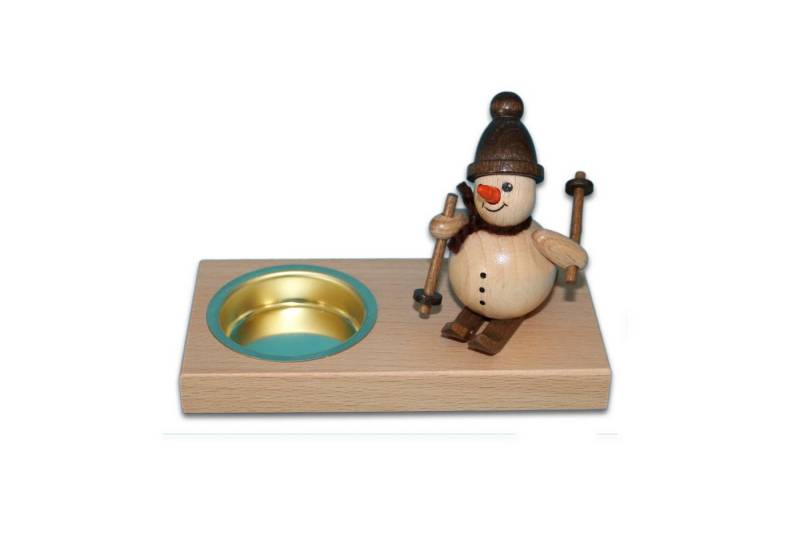 Holzwaren Egermann Teelichthalter Schneemannleuchter eckig - 11,5cm, mit süßem Schneemann mit Ski oben aus Holz - Made in Germany von Holzwaren Egermann