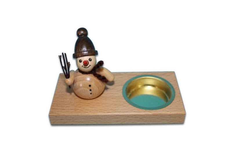 Holzwaren Egermann Teelichthalter Schneemannleuchter eckig - 11,5cm, mit süßem Schneemann mit Zweigen aus Holz - Made in Germany von Holzwaren Egermann