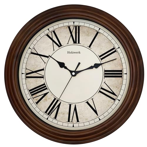 Holzwerk BEDBURG Natur Vintage Retro Holz Quarz Wanduhr Holz-Uhr mit Römischen Ziffern Wand-Uhr nahezu lautloses Uhrwerk leise Tickgeräusche Massivholz Natur 14 Zoll 35cm Braun (HWN.Braun..) von Holzwerk Germany
