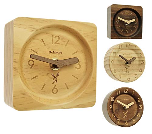 Holzwerk Germany ® Analog Retro Holz Tisch Uhr aus handgefertigtem Natur Holz Braun geräuschlose Tischuhr Uhr Eckig Holzuhr Stand-Uhr ohne Ticken Holzzeiger Handgefertigt von Holzwerk Germany