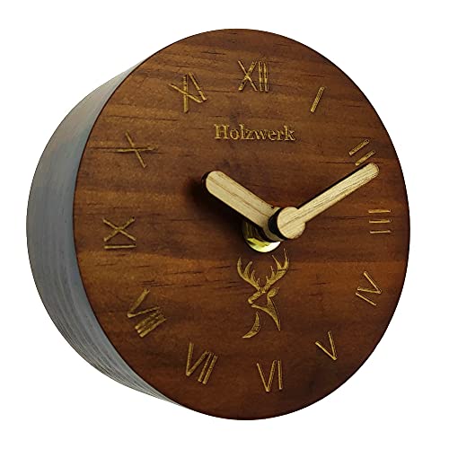 Holzwerk Germany ® Analog Retro Holz Tisch Uhr aus handgefertigtem Natur Holz Ahorn Braun geräuschlose Tischuhr Uhr Rund Eckig Holzuhr Stand-Uhr mit Holzzeiger (Braun-Römisch.Rund) von Holzwerk Germany