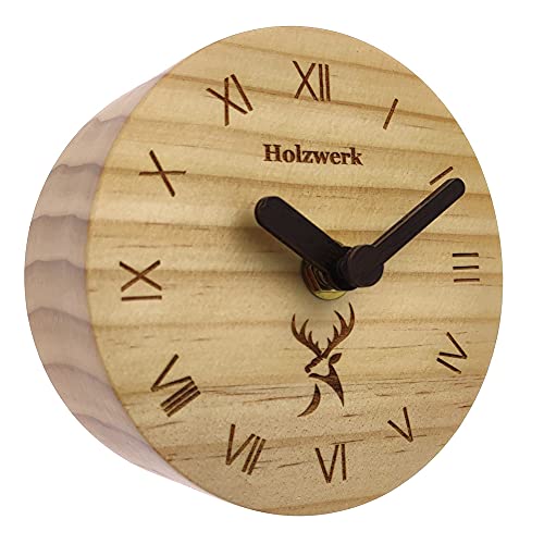 Holzwerk Germany ® Analog Retro Holz Tisch Uhr aus handgefertigtem Natur Holz Braun geräuschlose Tischuhr Uhr Rund Holzuhr Stand-Uhr mit römischen Ziffern ohne Ticken von Holzwerk Germany