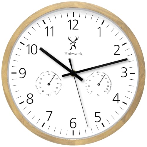 Holzwerk MEERSBURG Wanduhr mit Temperaturanzeige und Hygrometer Feuchtigkeitsmesser Holz-Uhr lautloses Uhrwerk ohne Tickgeräusche Braun Buche Weiß lautlos Massivholz Natur Holz 30 cm (.HW.Buche..) von Holzwerk Germany